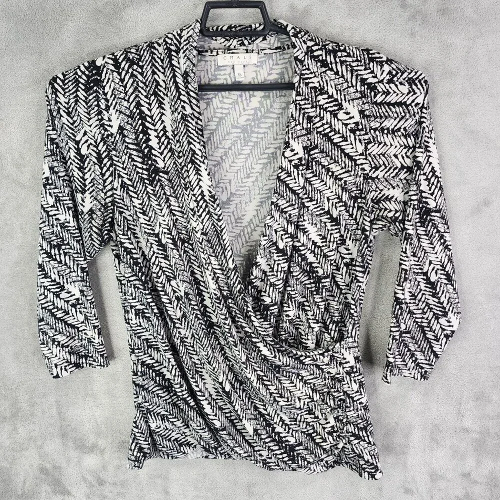 Womens Chaus New York Black & White Top Blouse V-Neck Stretch 3/4 Sleeve Size XL